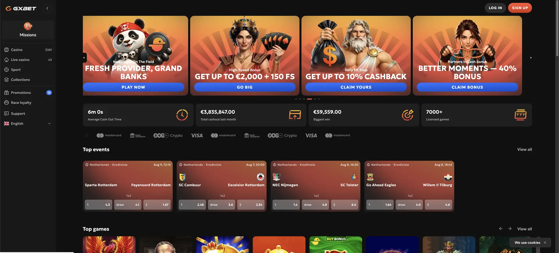 Startpagina van GXBET met casino, sportsbook en promoties