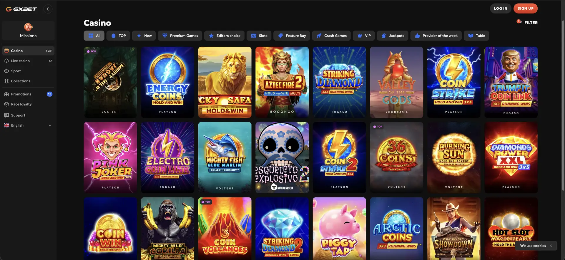 GXBET casinolobby met slots en spelfilters