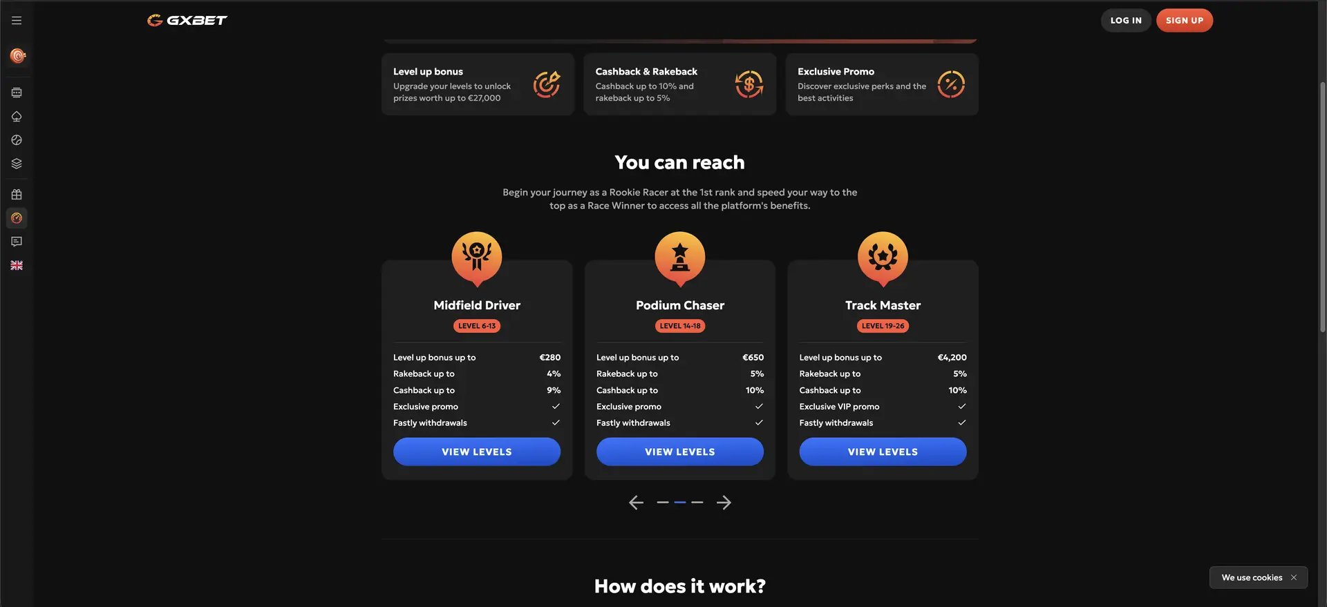Eerste niveaus van het GXBET Race loyalty-programma